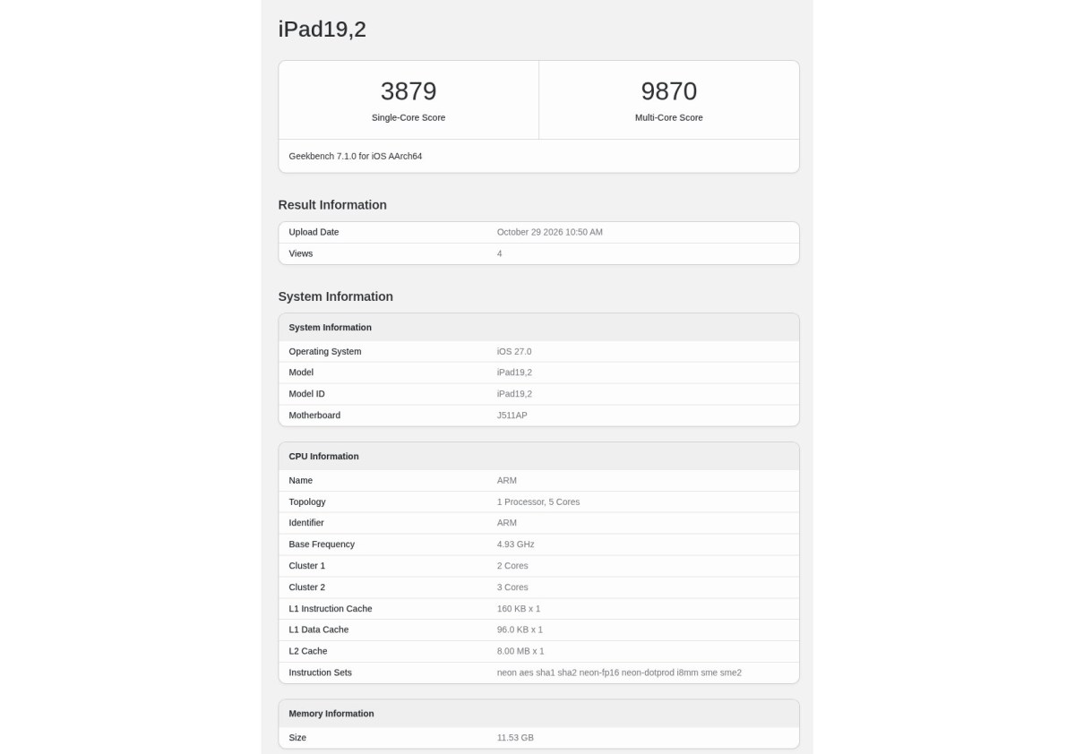Ảnh chụp kết quả Geekbench 7 của iPad mini OLED mã iPad19,2, với 3.879 điểm đơn nhân và 9.870 điểm đa nhân