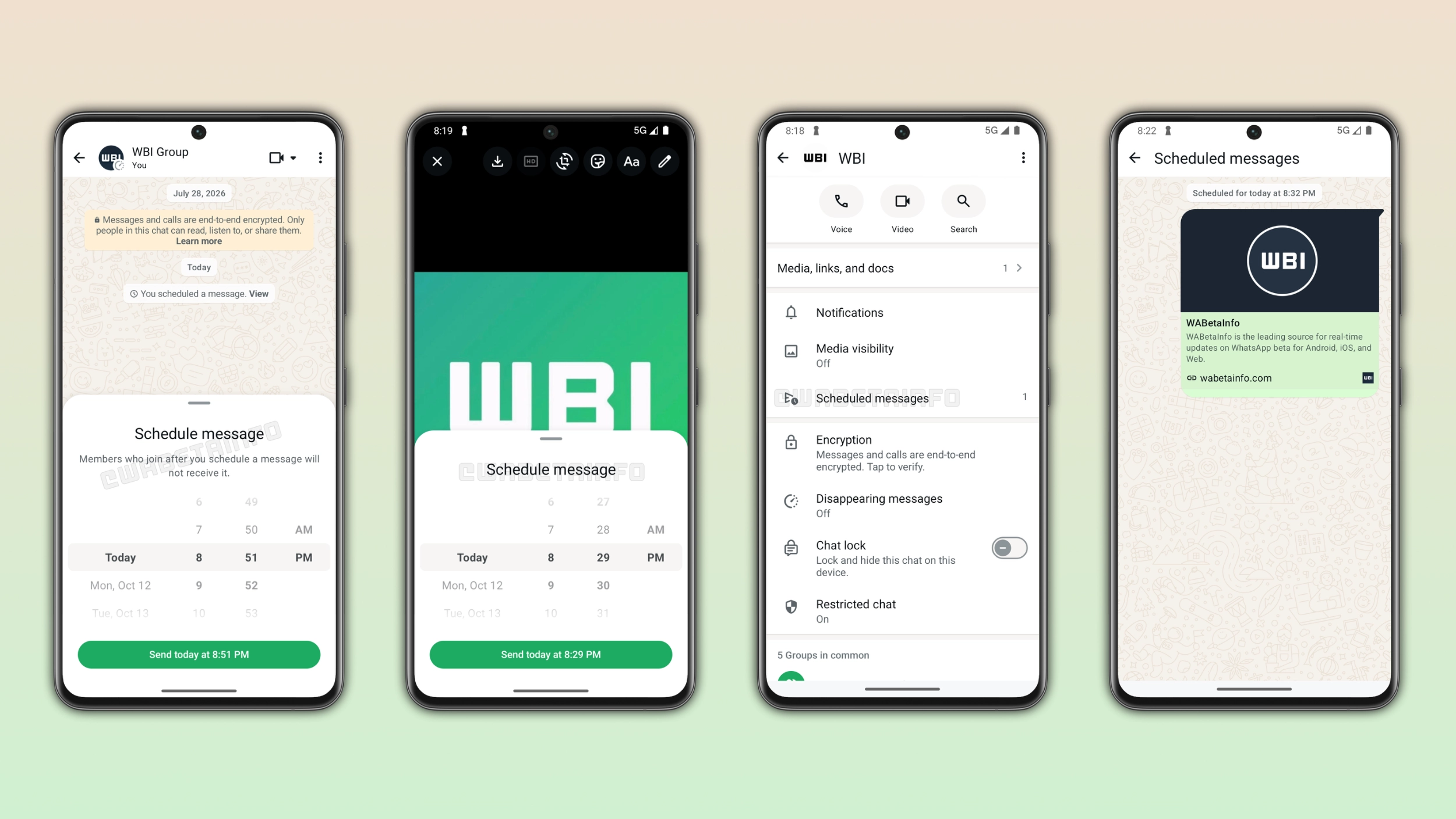 Ảnh chụp màn hình các bước lên lịch và quản lý tin nhắn hẹn giờ trên WhatsApp Android beta.