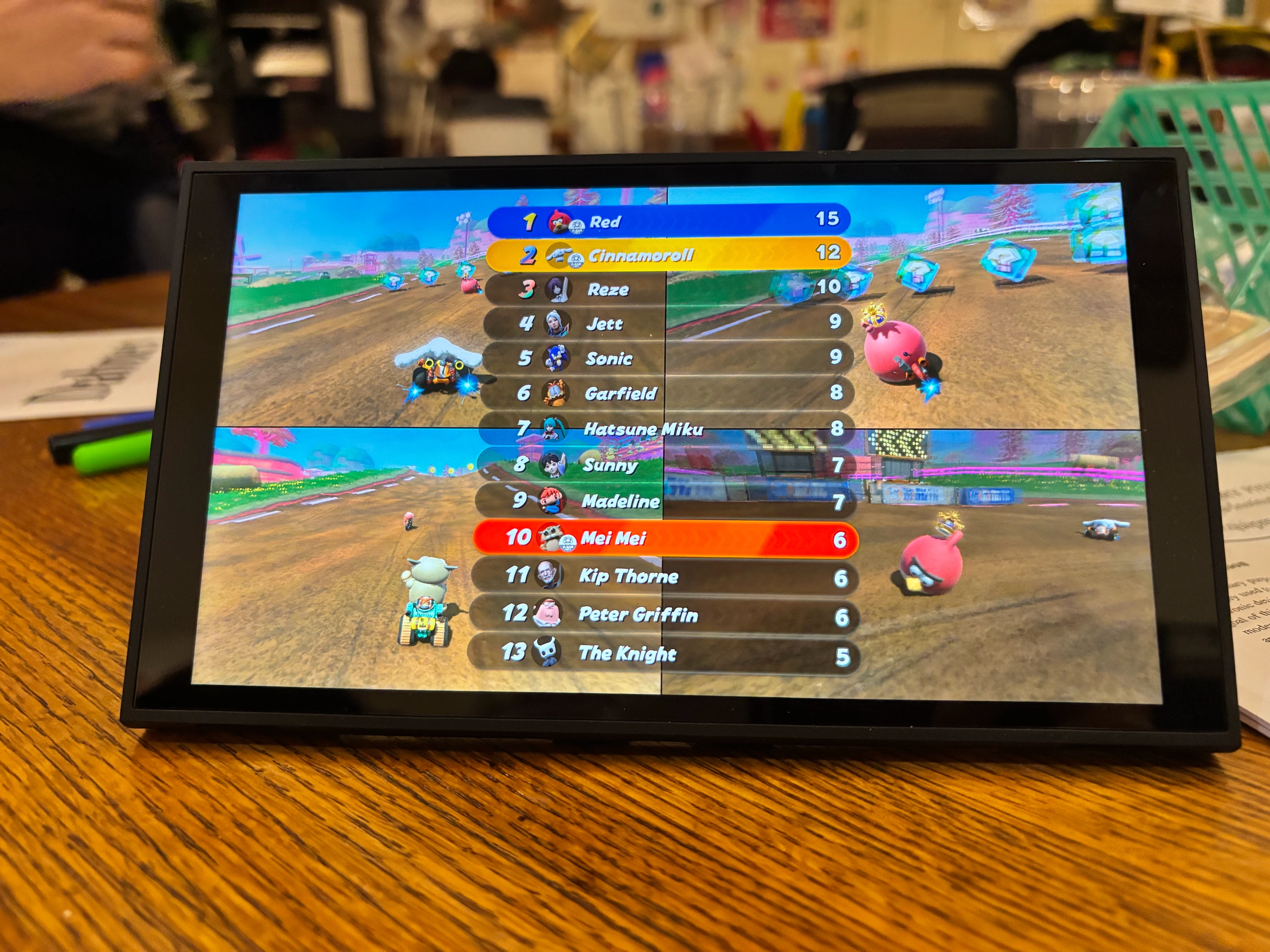 Ảnh chụp màn hình chơi Mario Kart World có Red và Cinnamoroll trong bản mod