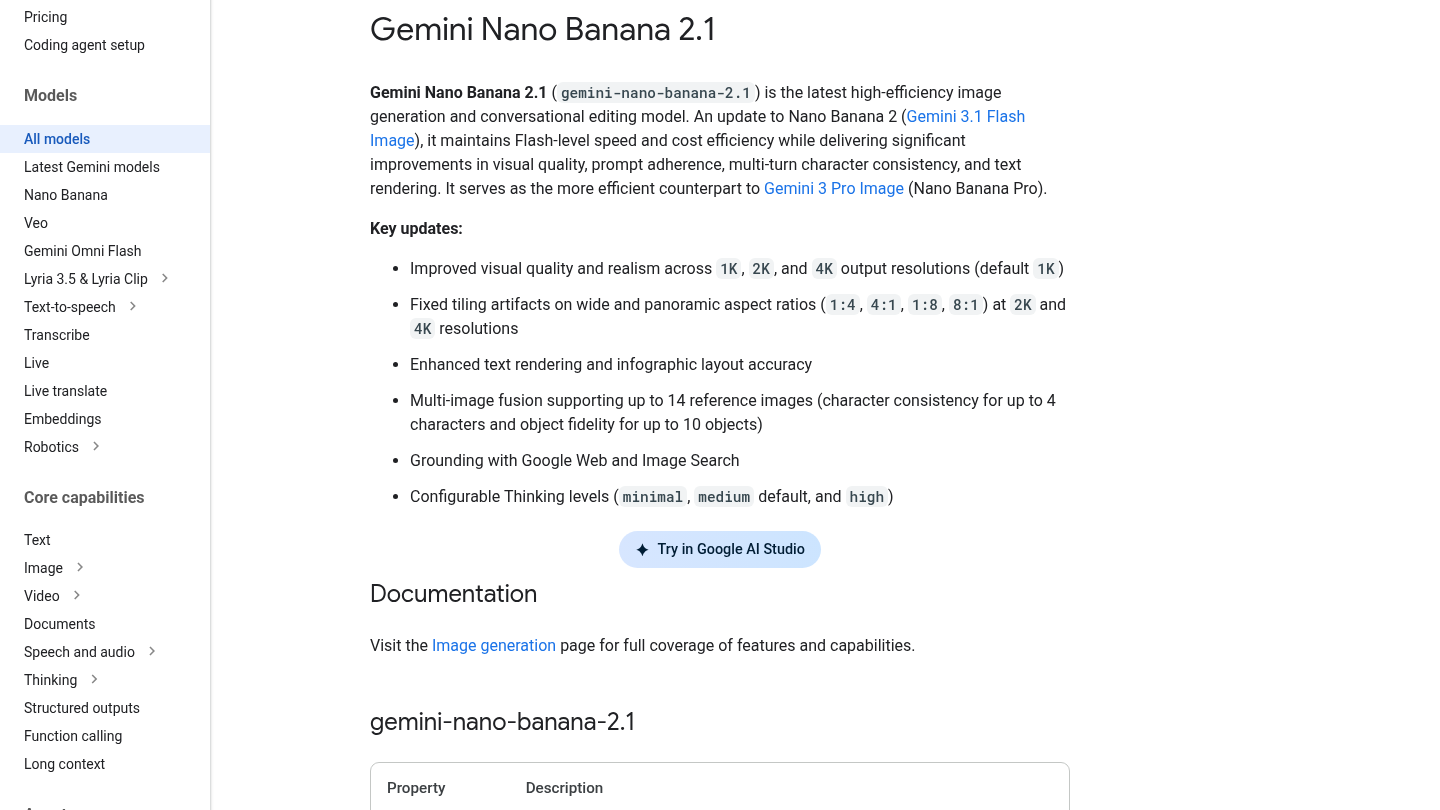Ảnh chụp model card Gemini Nano Banana 2.1 trên tài liệu Google AI.