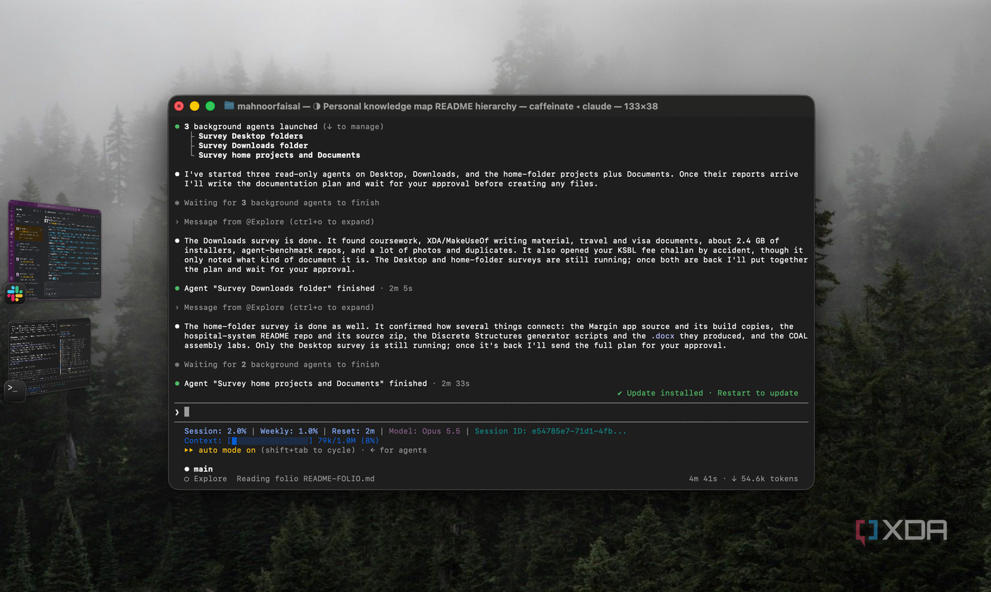 Claude Code reporting Downloads and home-folder survey results as background agents finish