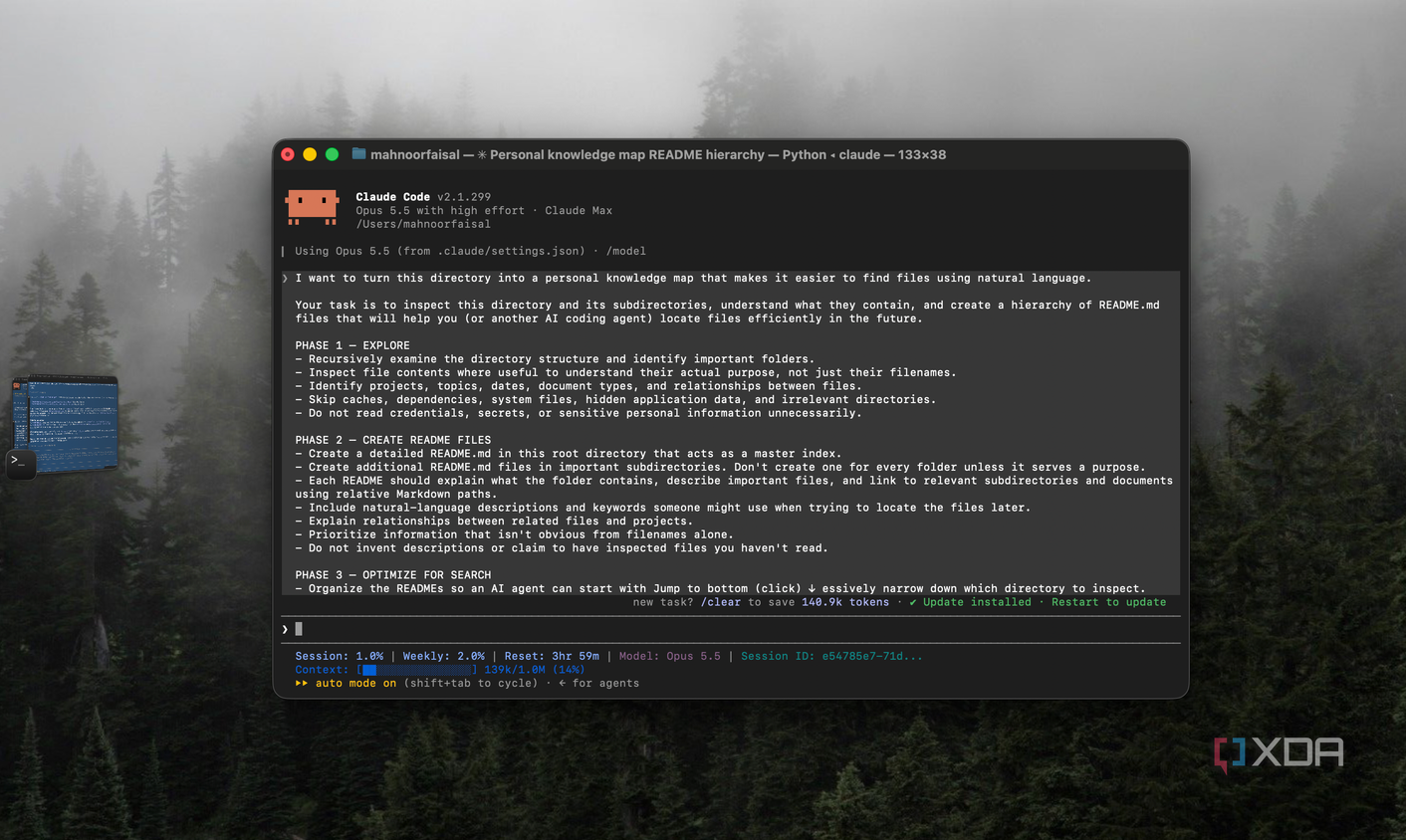 Claude Code session start with a phased prompt to turn the home folder into a README knowledge map