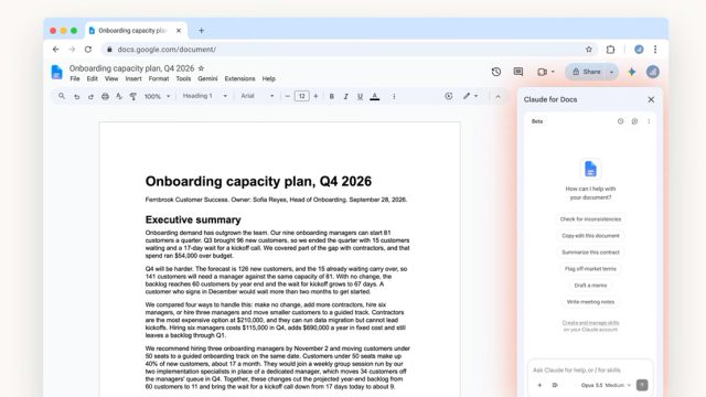 Claude mở trong thanh bên cạnh tài liệu Google Docs