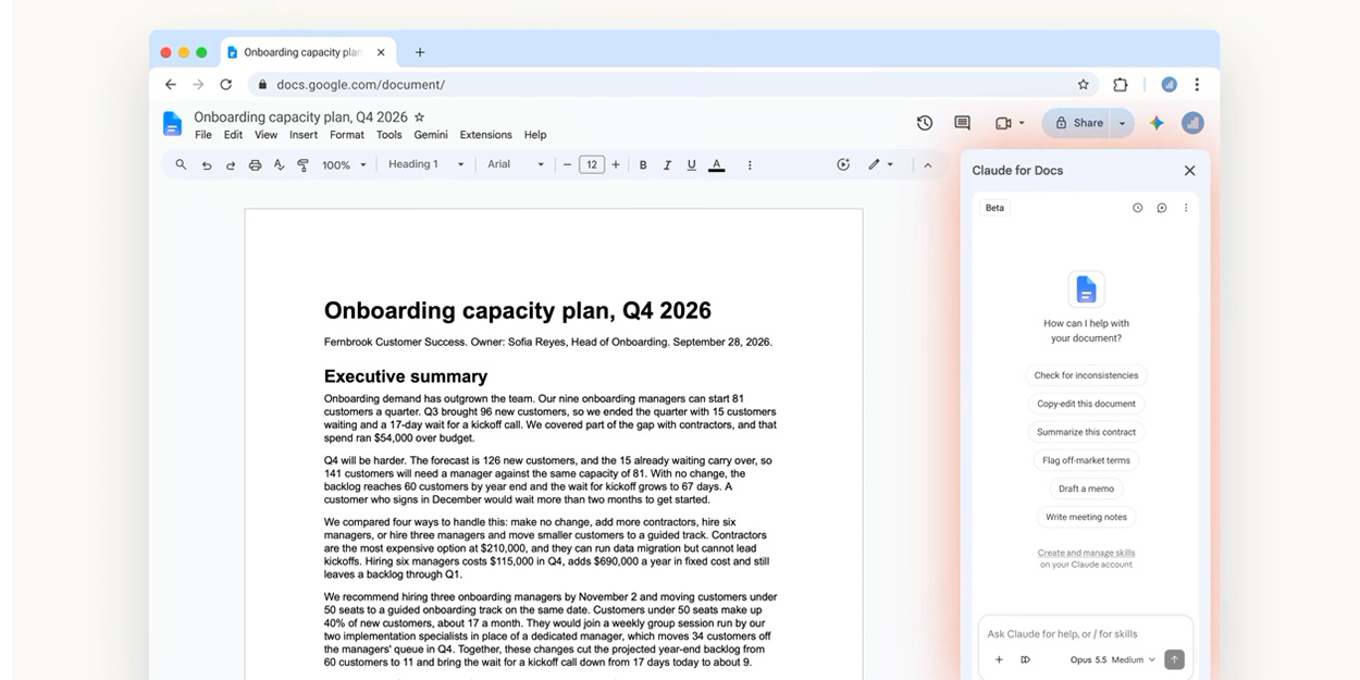 Claude mở trong thanh bên cạnh tài liệu Google Docs