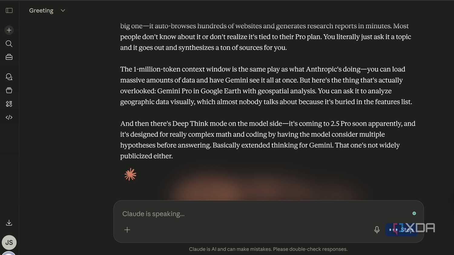 Claude Voice Mode explaining Gemini Pro features