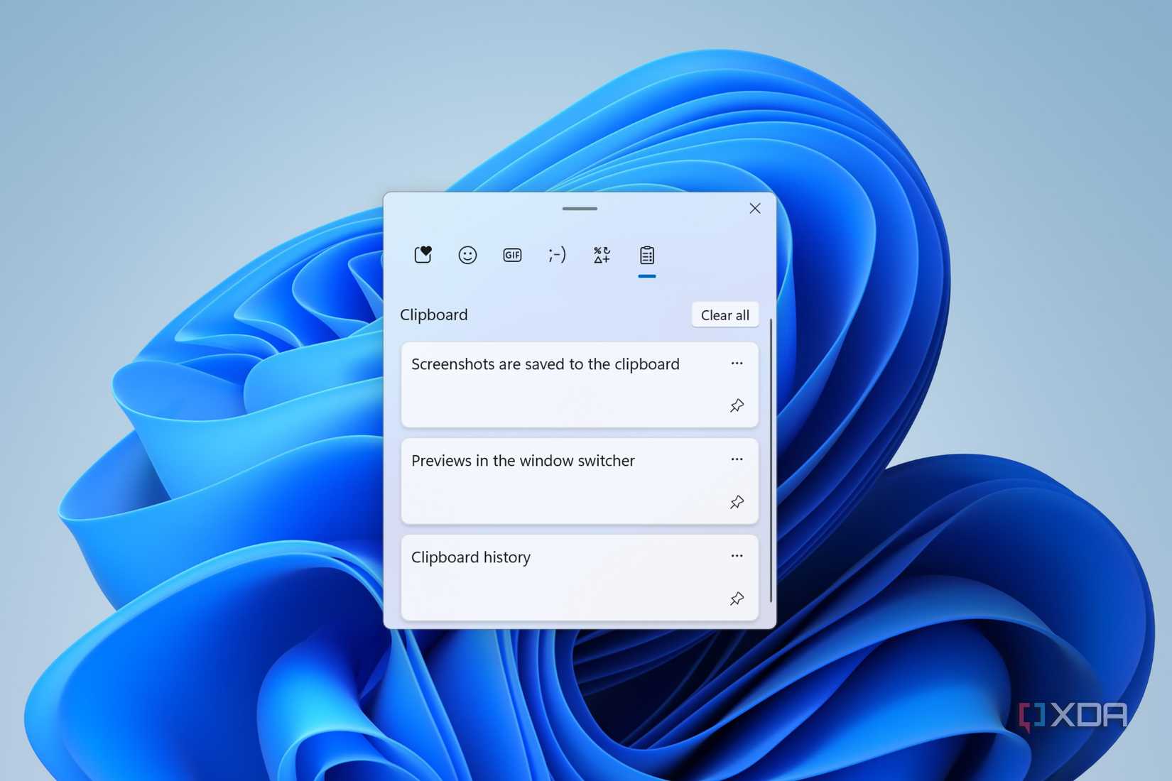 Clipboard History với các mục văn bản và biểu tượng ghim