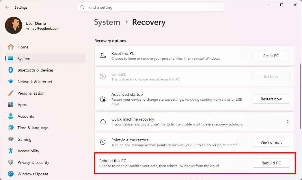 Cloud Rebuild đưa lựa chọn cài lại Windows vào quy trình khôi phục, nhưng đây vẫn là cài mới chứ không phải cách giữ lại ứng dụng và tệp hiện có.