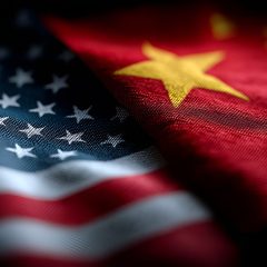 Cờ Mỹ và Trung Quốc đặt cạnh nhau, minh họa cuộc đua AI giữa hai nước.