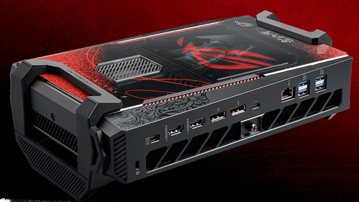 Cổng kết nối phía sau ASUS ROG NUC 16 Phantom Blade Zero khi đặt nằm ngang