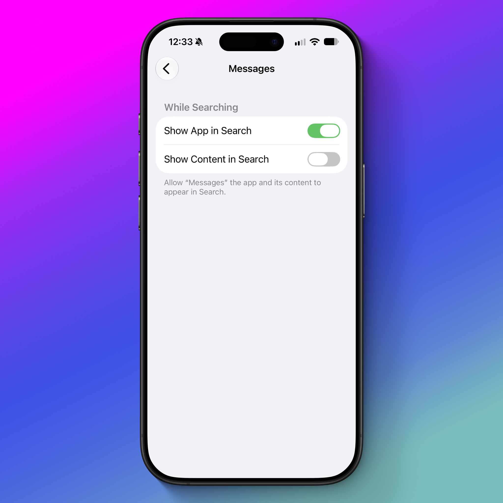 Công tắc Show Content in Search được tắt
