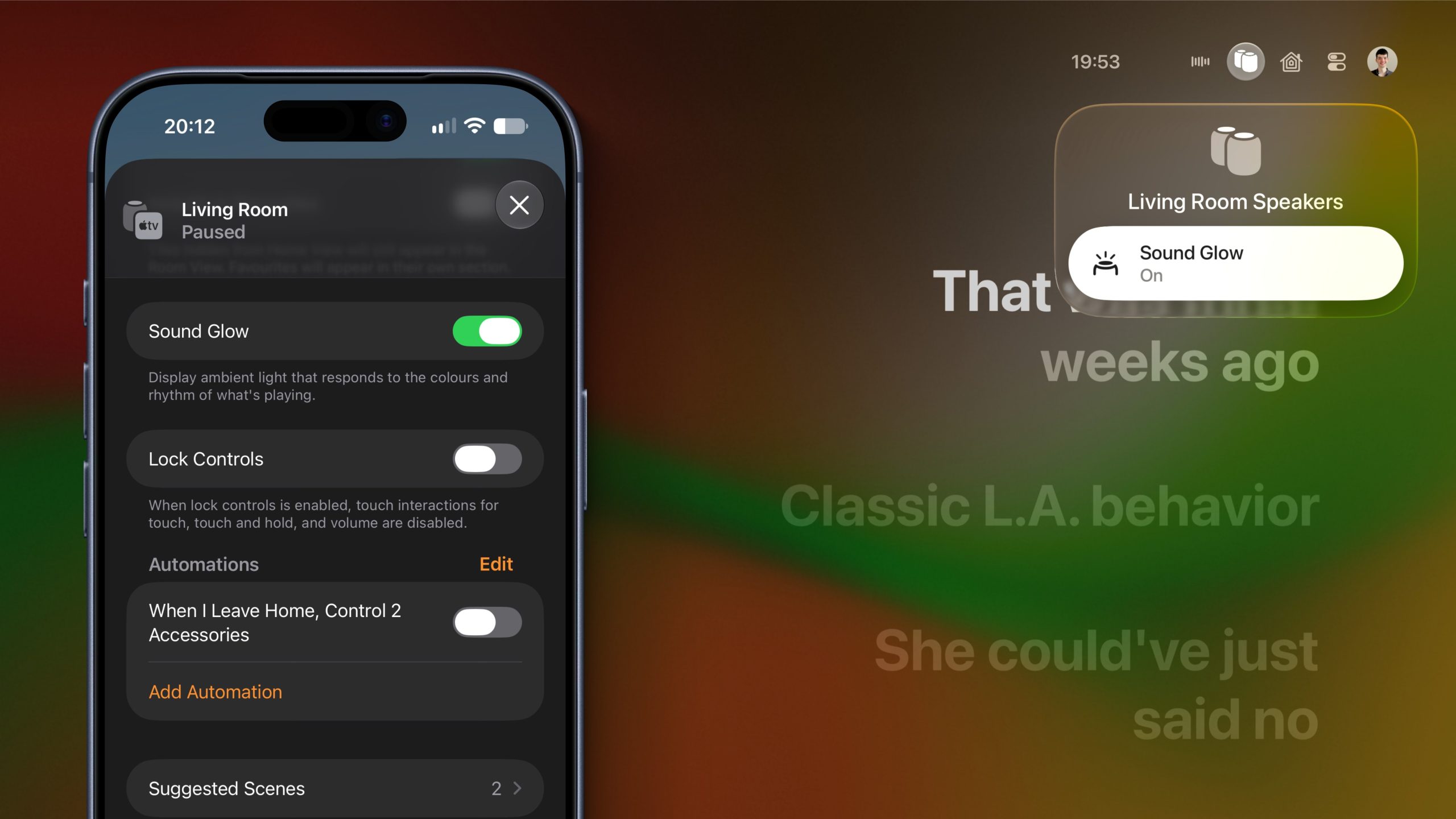Công tắc Sound Glow đang bật trong giao diện HomePod trên iPhone