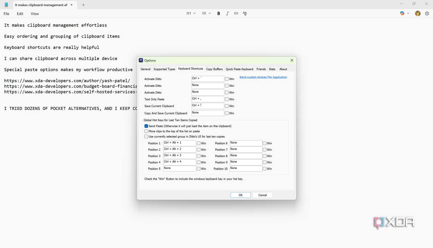 Custom keyboard shortcuts in Ditto