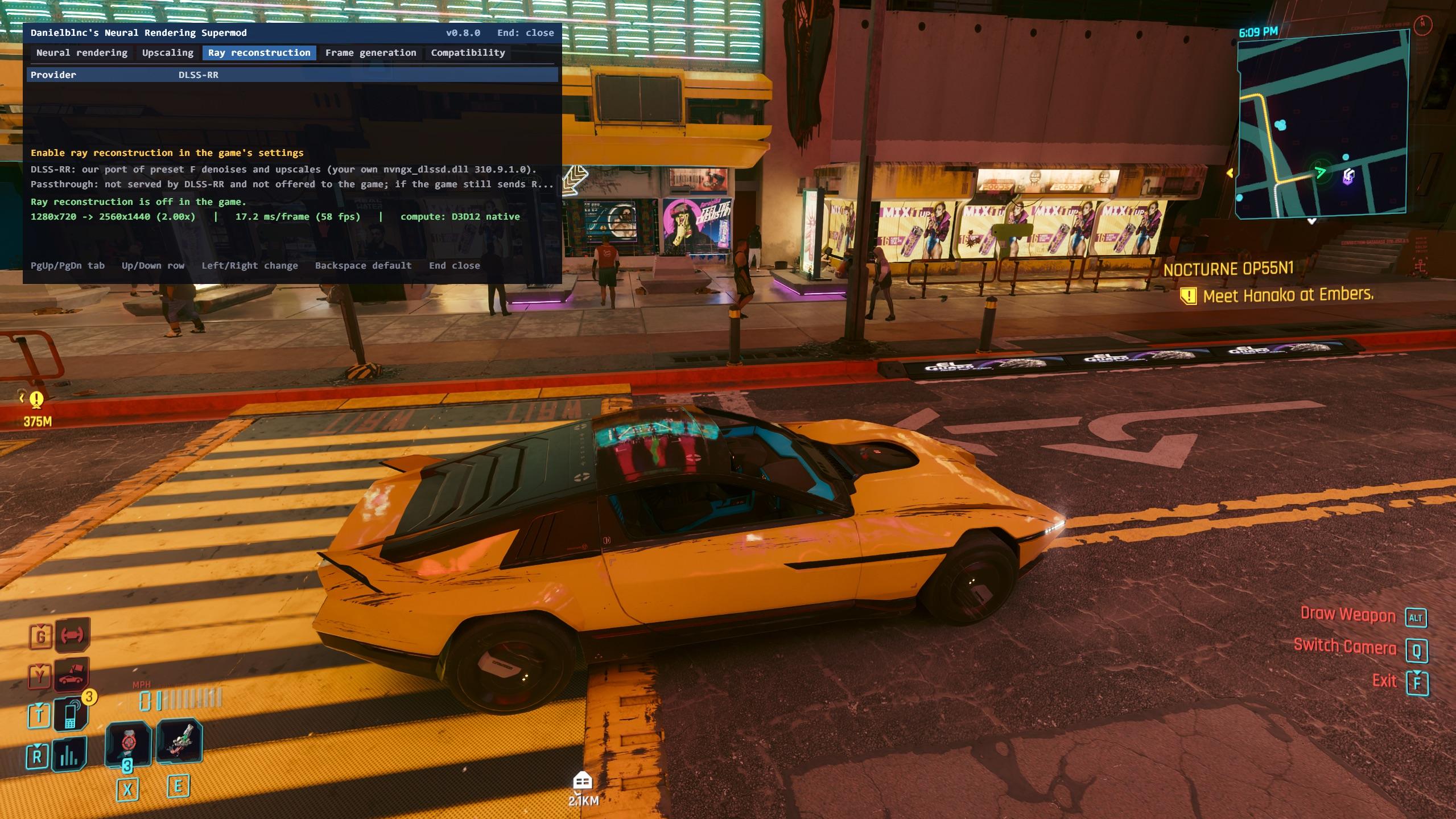 Cyberpunk 2077 với Ray Reconstruction tắt và giao diện mod hiển thị trạng thái