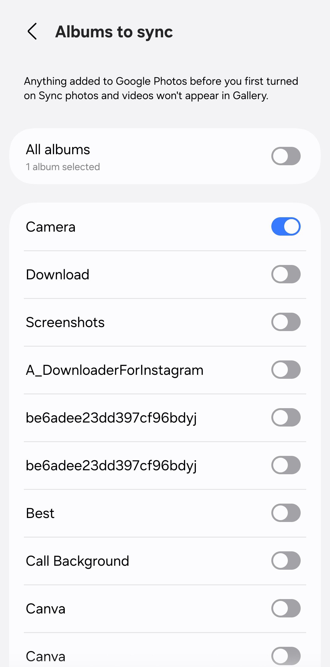 Danh sách các album trong Bộ sưu tập Samsung cho phép chọn sao lưu lên Google Photos