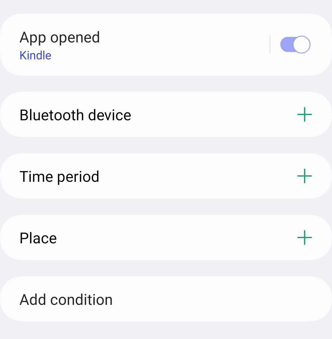 Danh sách điều kiện kích hoạt mode: App opened, Bluetooth device, Time period, Place.
