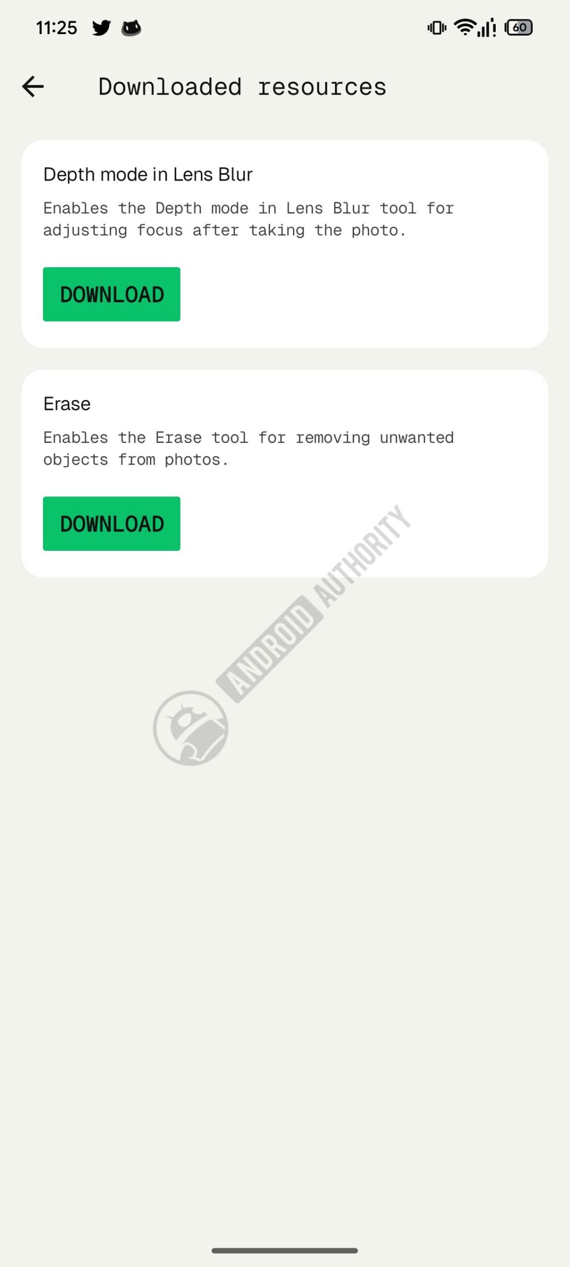 Danh sách Downloaded resources trong Snapseed với hai tùy chọn Depth mode và Erase