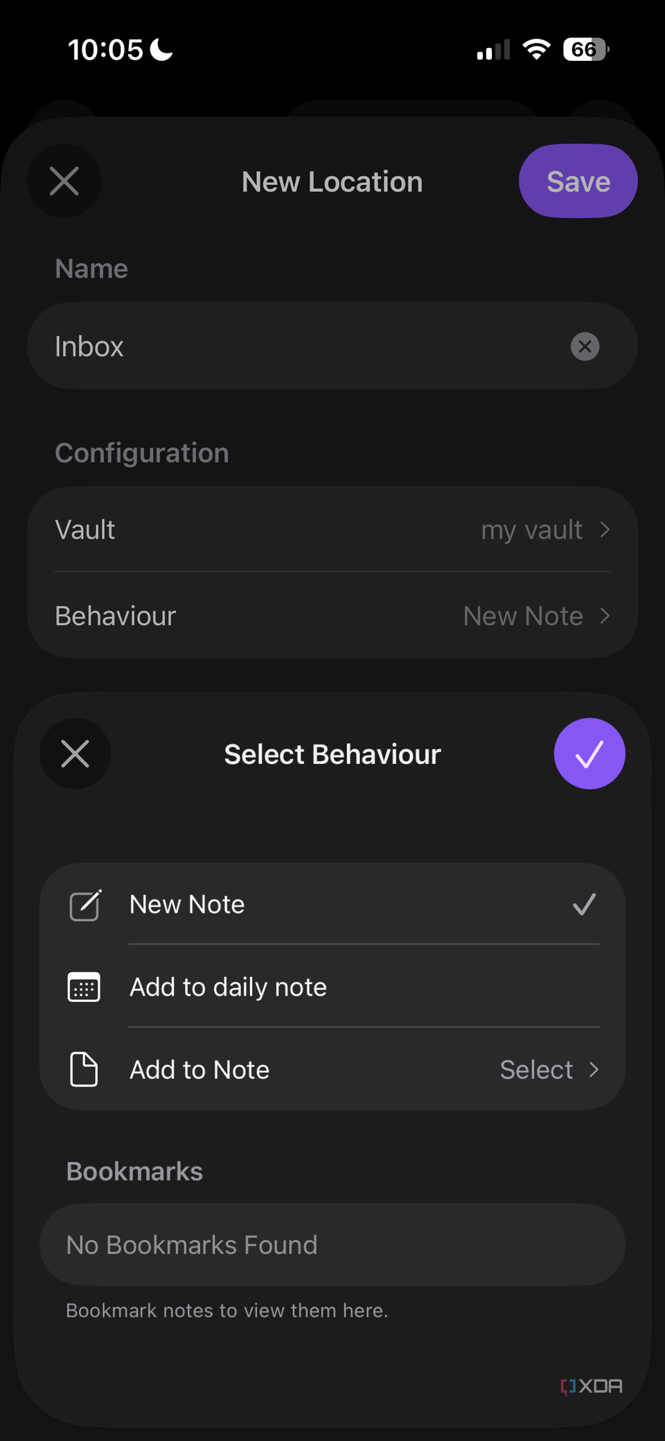 Danh sách hành vi lưu trong cấu hình Quick Note