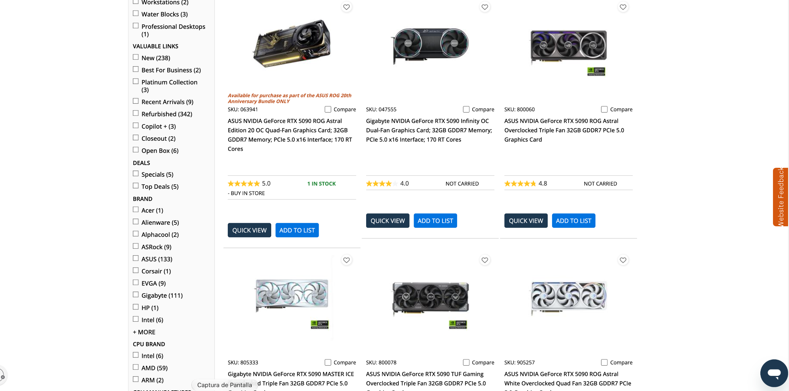 Danh sách các mẫu GeForce RTX 5090 trên Micro Center với trạng thái Not Carried