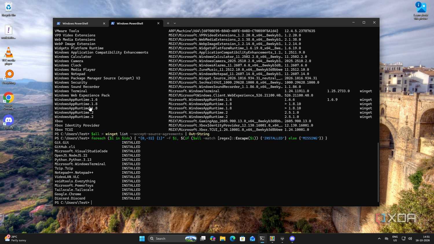 Danh sách package trên Windows hiển thị trạng thái INSTALLED trong PowerShell.