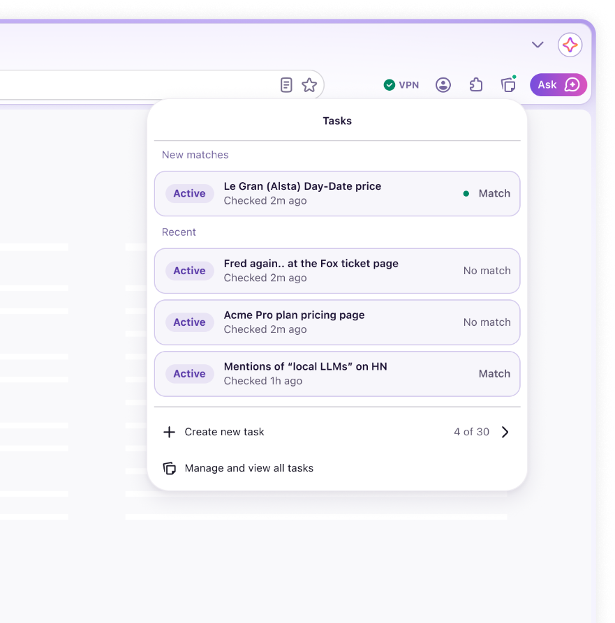 Danh sách tác vụ theo dõi trang web trong Firefox Smart Window