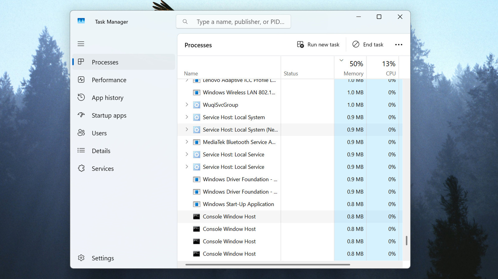 Danh sách ứng dụng và tiến trình đang chạy trong Task Manager.