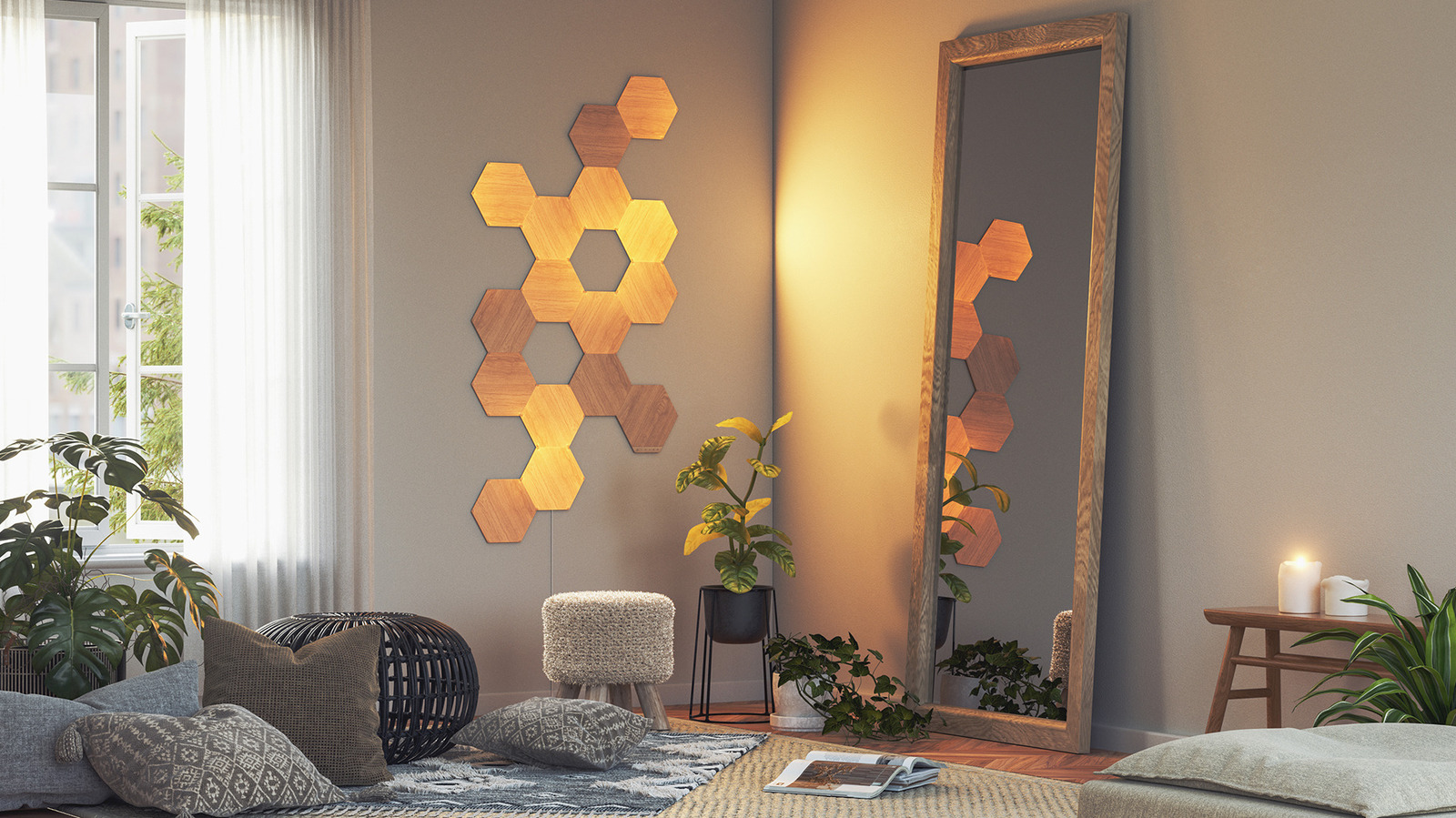 Đèn Nanoleaf Elements sáng ở góc phòng khách