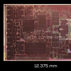 Die shot A20 Pro có kích thước được chú thích 8,04 x 12,375 mm và diện tích gồm đường cắt khoảng 99,5 mm2