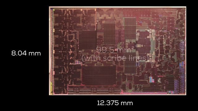 Die shot A20 Pro có kích thước được chú thích 8,04 x 12,375 mm và diện tích gồm đường cắt khoảng 99,5 mm2