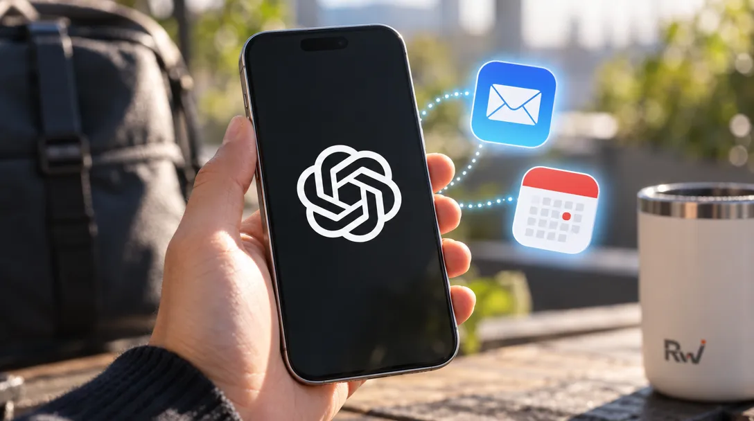 Điện thoại mở ChatGPT bên cạnh biểu tượng email và lịch, gợi đúng hai dịch vụ Apple vừa được kết nối.