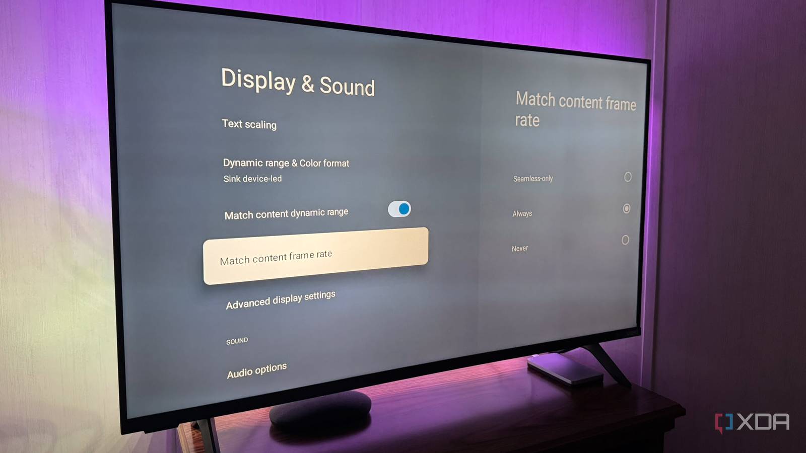 Display and Sound Match Content Frame Rate Setting Google TV Box