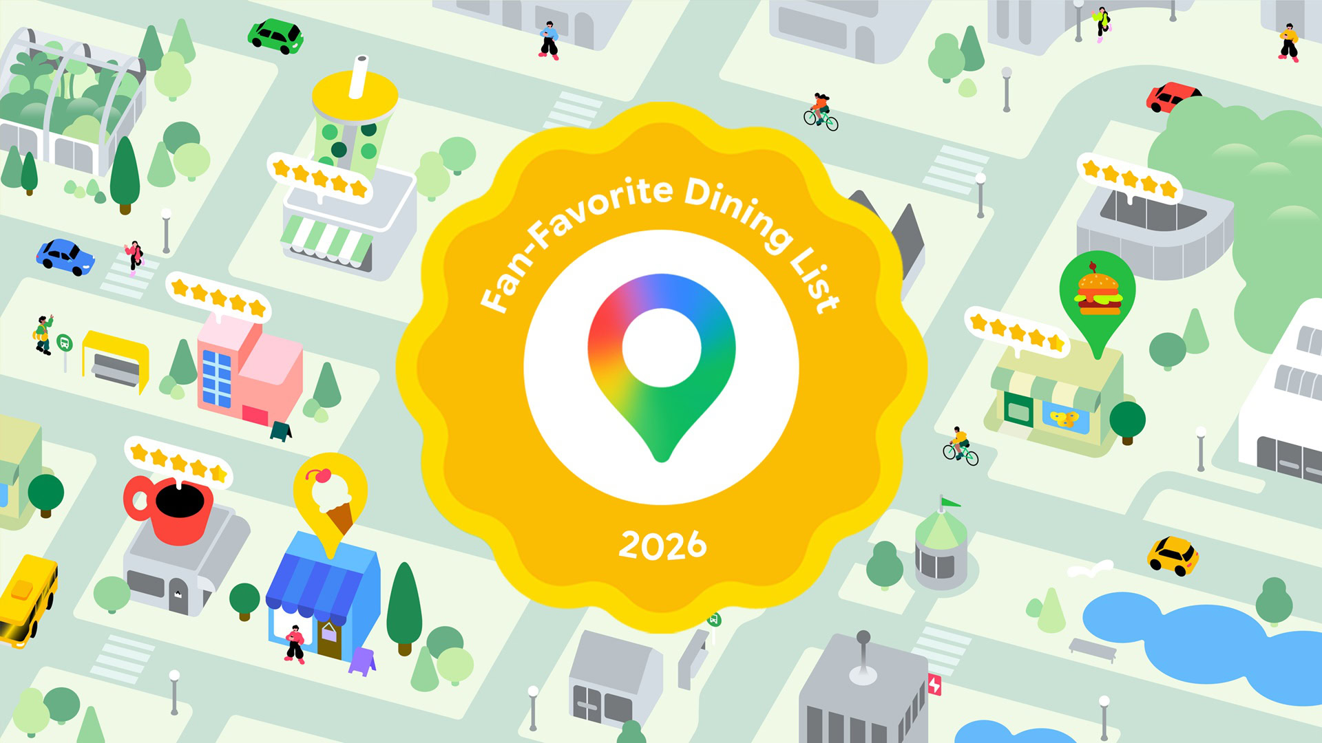 Đồ họa Fan-Favorite Dining List 2026 trên Google Maps