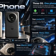 Ảnh đồ hoạ NexPhone với logo Android, Debian và Windows 11
