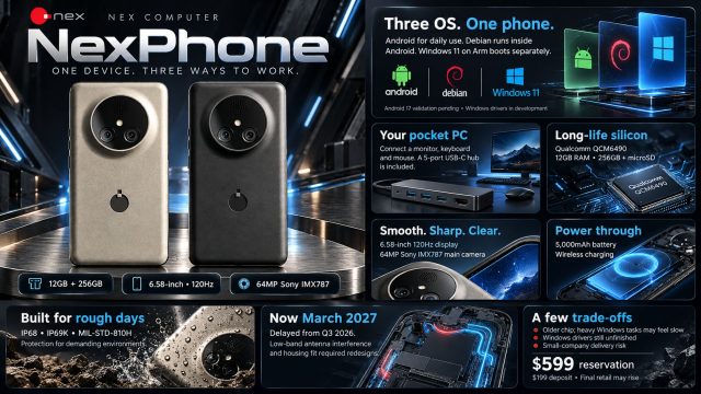 Ảnh đồ hoạ NexPhone với logo Android, Debian và Windows 11