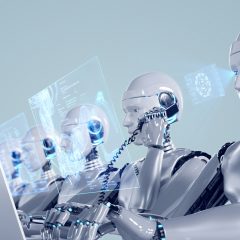 Đồ họa robot dùng máy tính và điện thoại trong văn phòng
