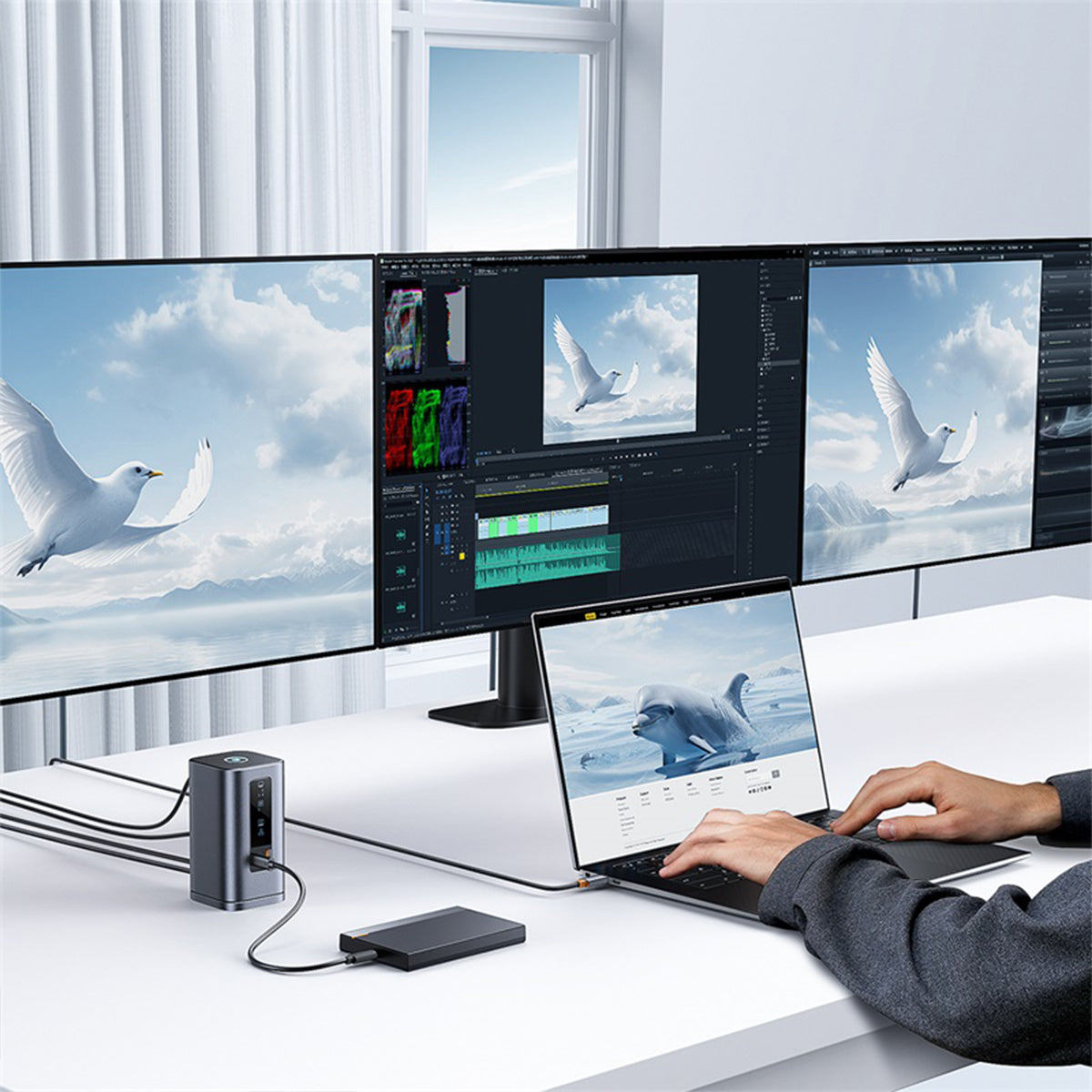 Dock Baseus Spacemate nối với laptop và ba màn hình