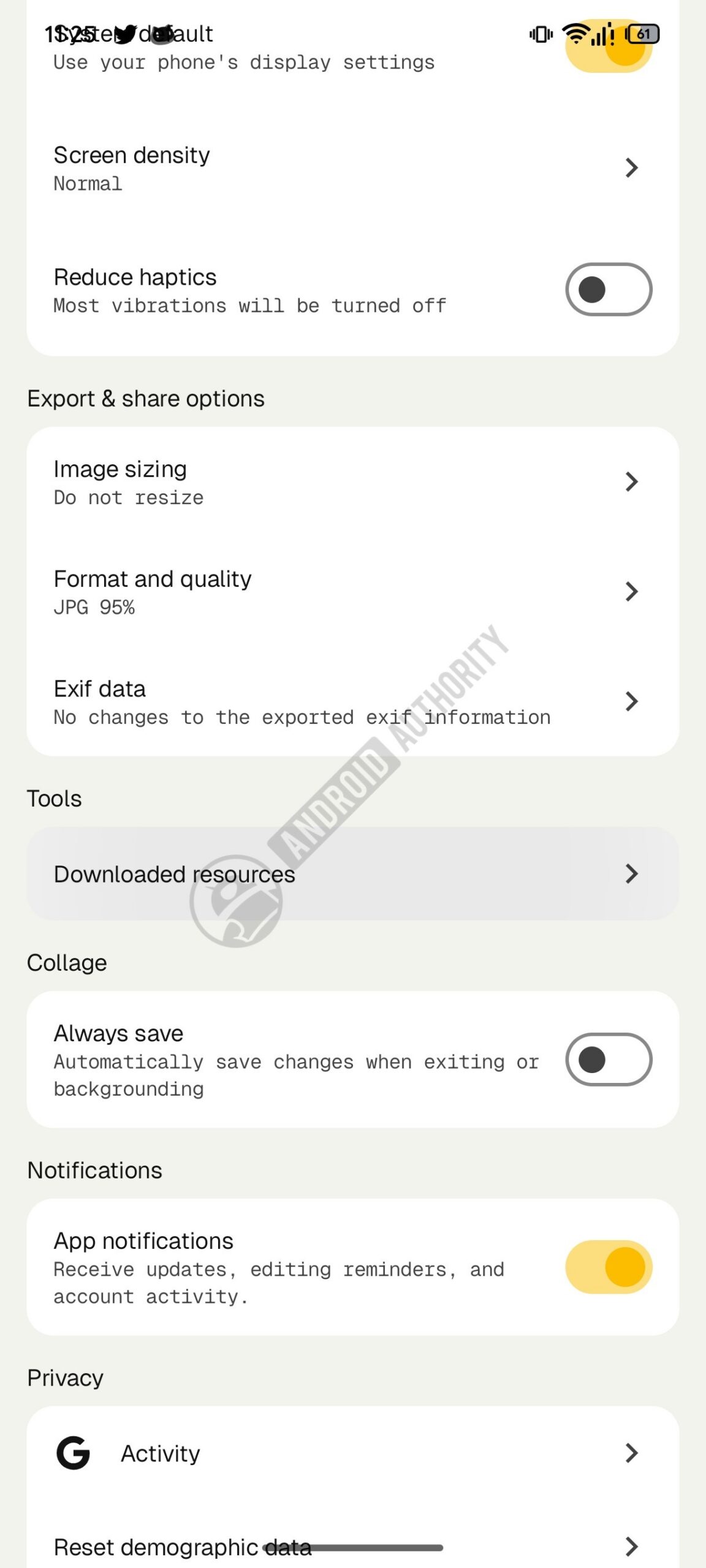 Dòng Downloaded resources trong Cài đặt Snapseed