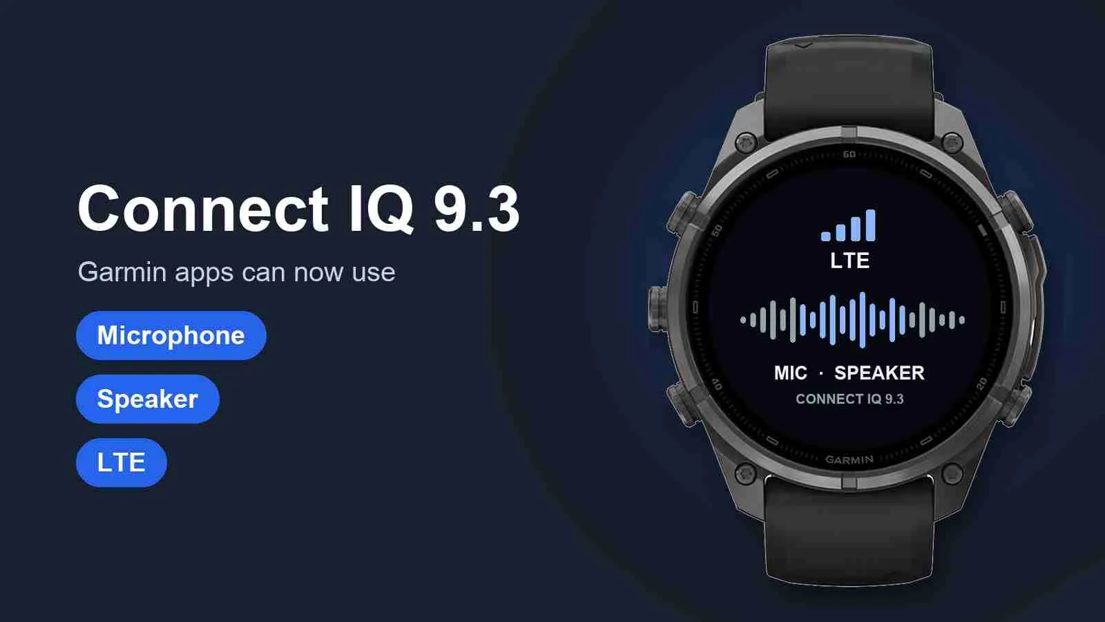 Đồng hồ Garmin minh họa các biểu tượng LTE, microphone và loa