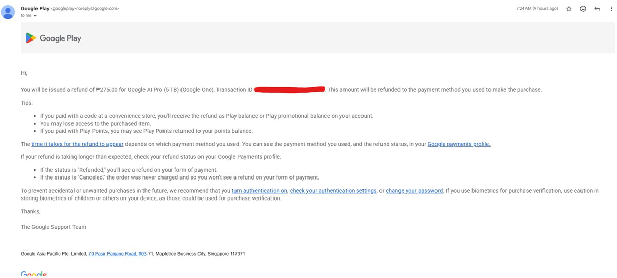 Email thông báo hoàn tiền Google AI Pro