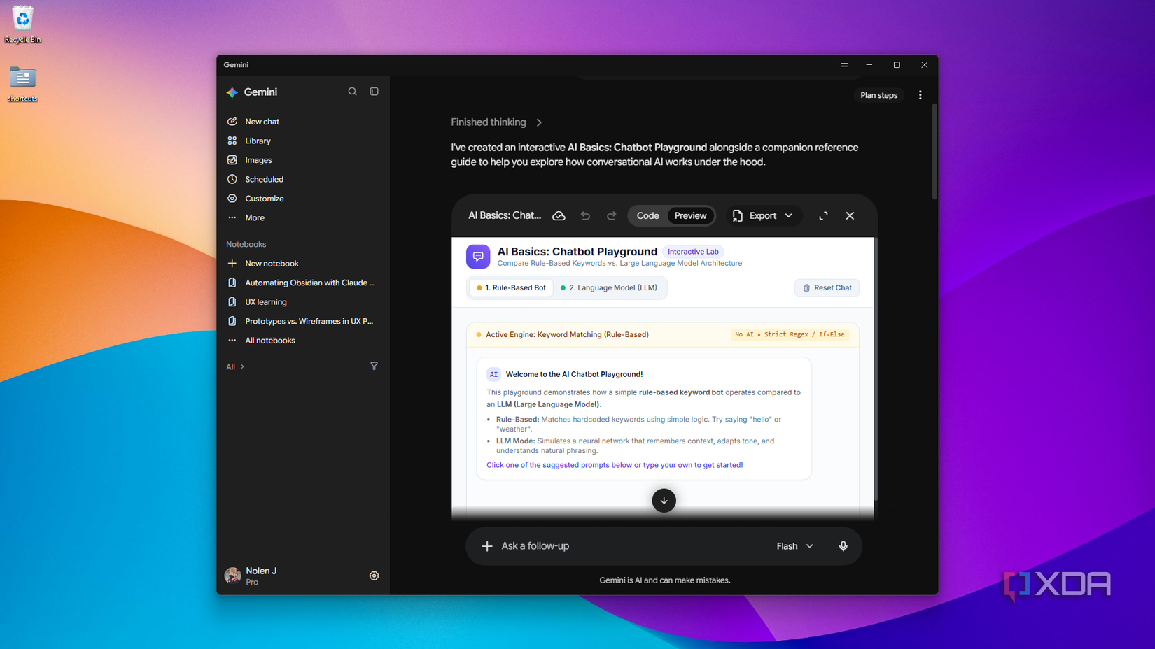 embedded Chatbot Playground canvas in Gemini