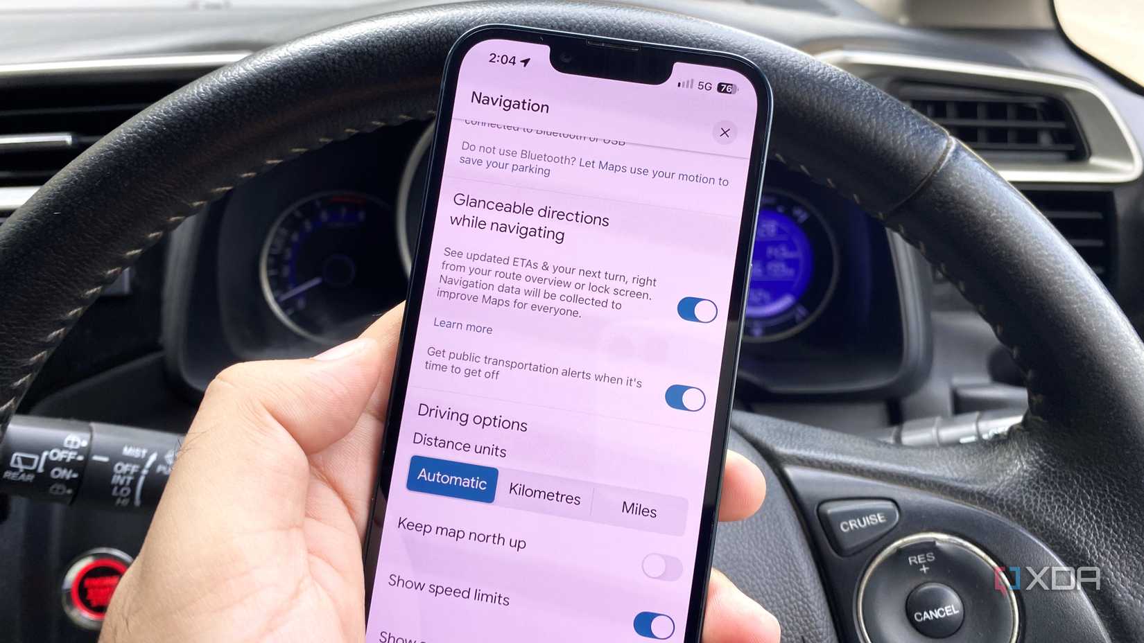 enabling Glanceable directions while navigating on Google Maps on an iPhone inside a car