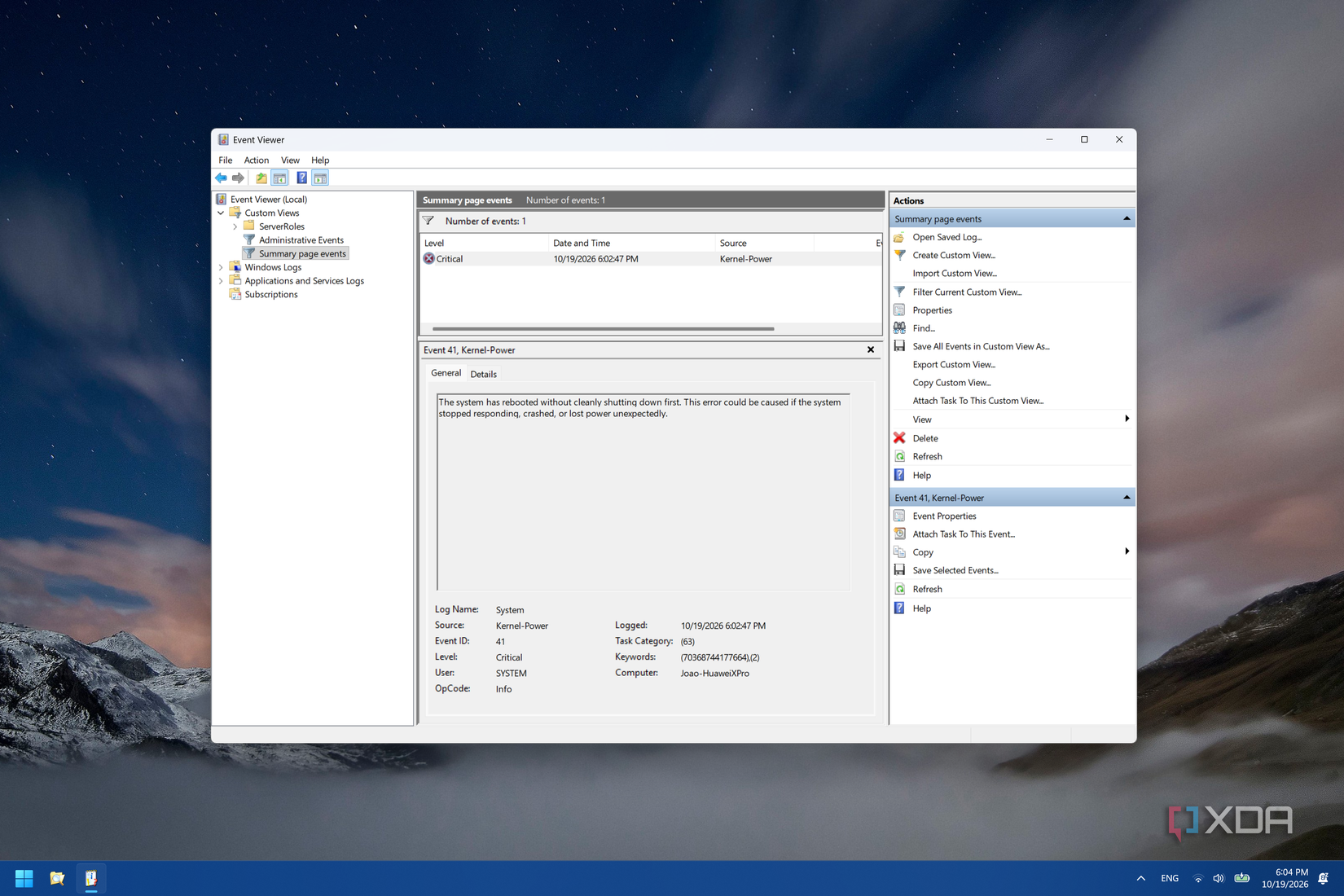 Event Viewer hiển thị sự kiện Critical với mã 41