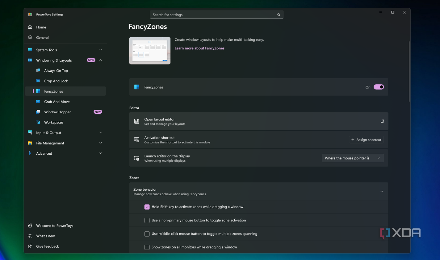 FancyZones settings in PowerToys