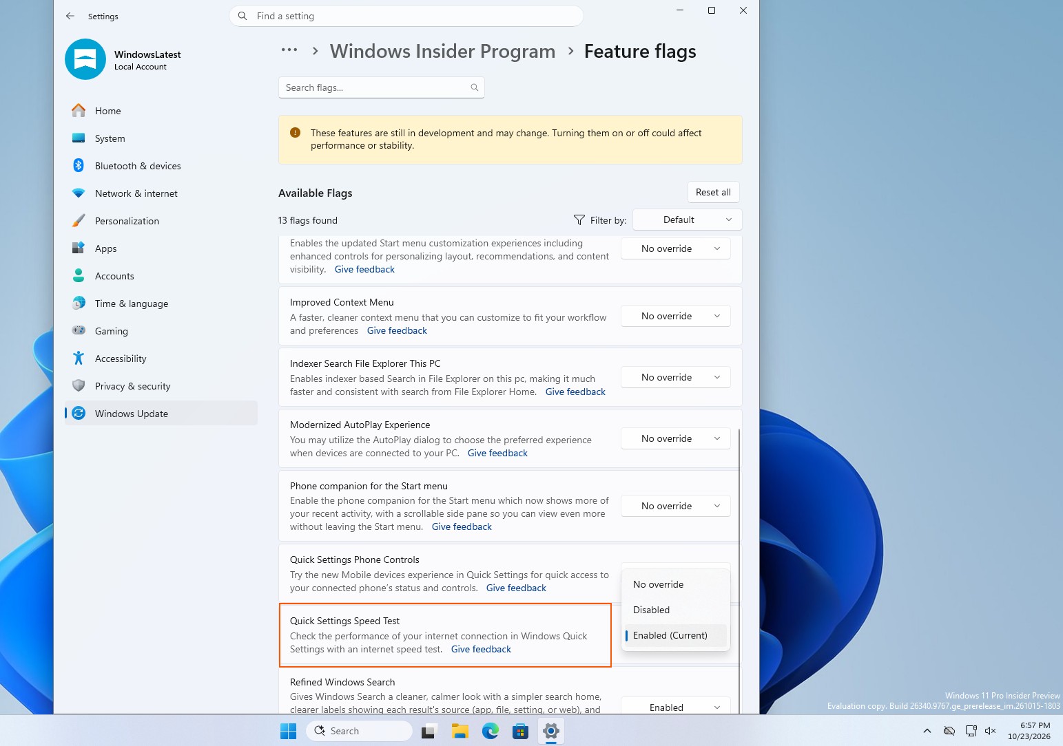Feature flag Speed Test trong Windows Insider Experimental
