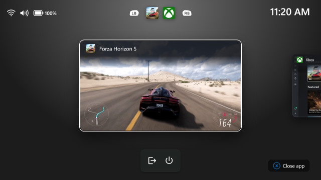 Gaming Task View trong Xbox mode với Exit to Desktop và Power Options