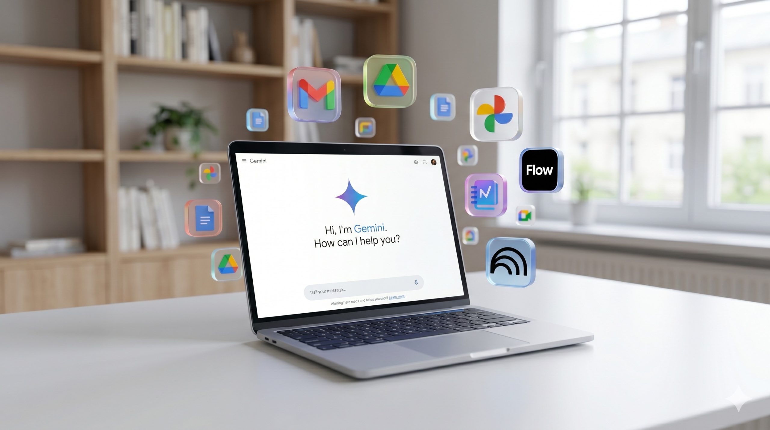 Gemini cùng các biểu tượng Gmail, Drive và ứng dụng Google