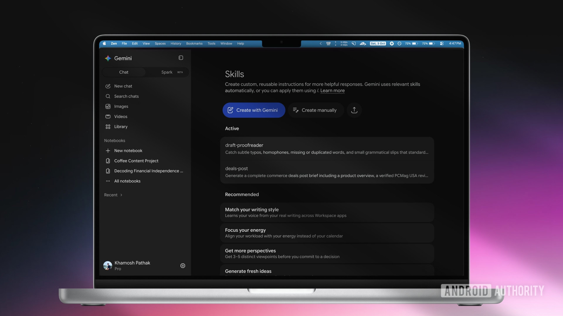Gemini Skills đang chạy trong trình duyệt trên máy Mac