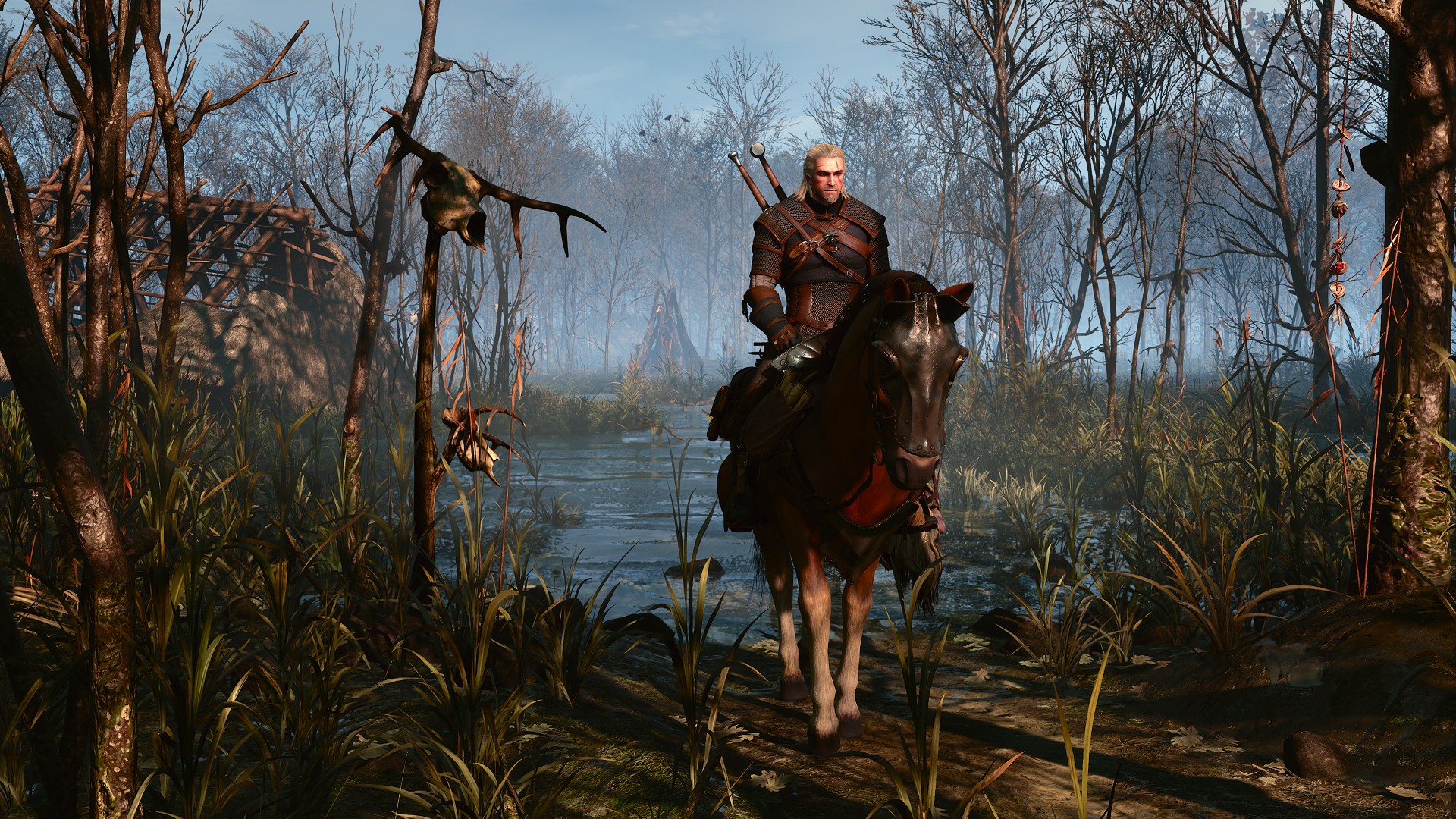 Geralt cưỡi ngựa qua đầm lầy trong The Witcher 3 Remastered