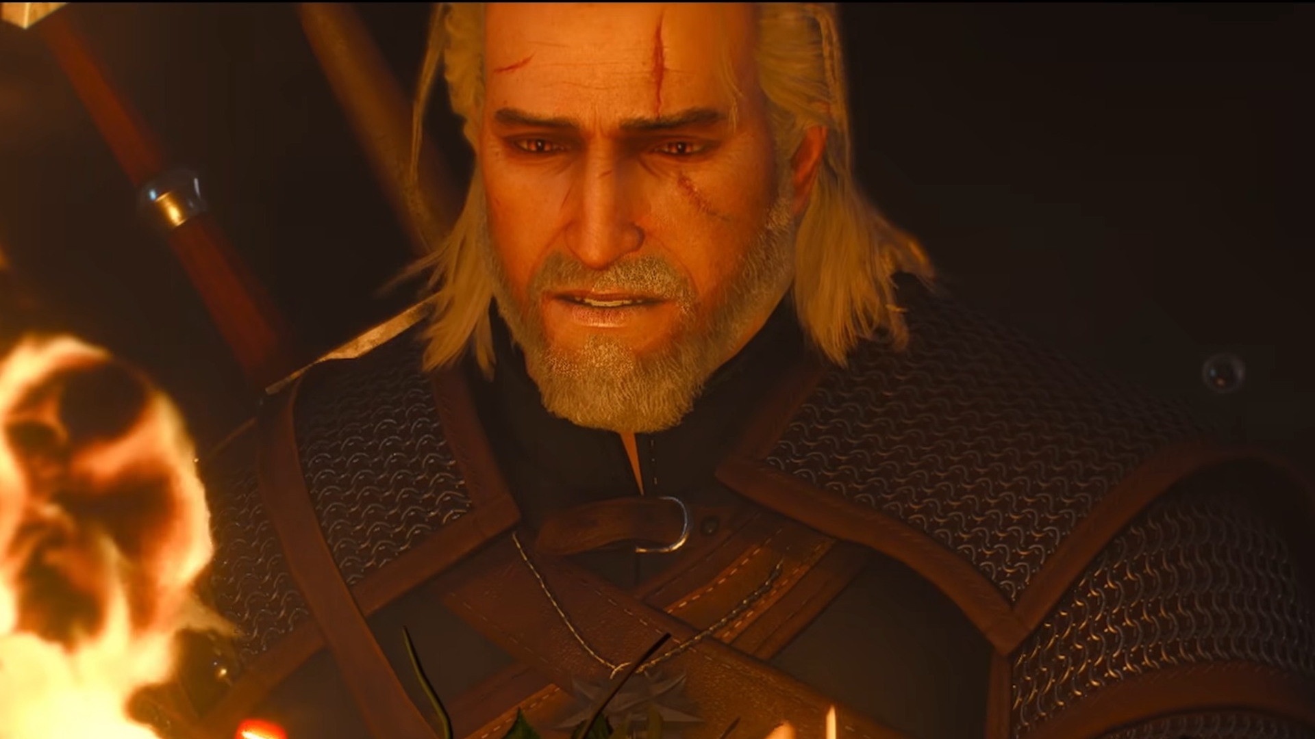 Geralt nhìn về phía ngọn lửa trong The Witcher 3 Remastered