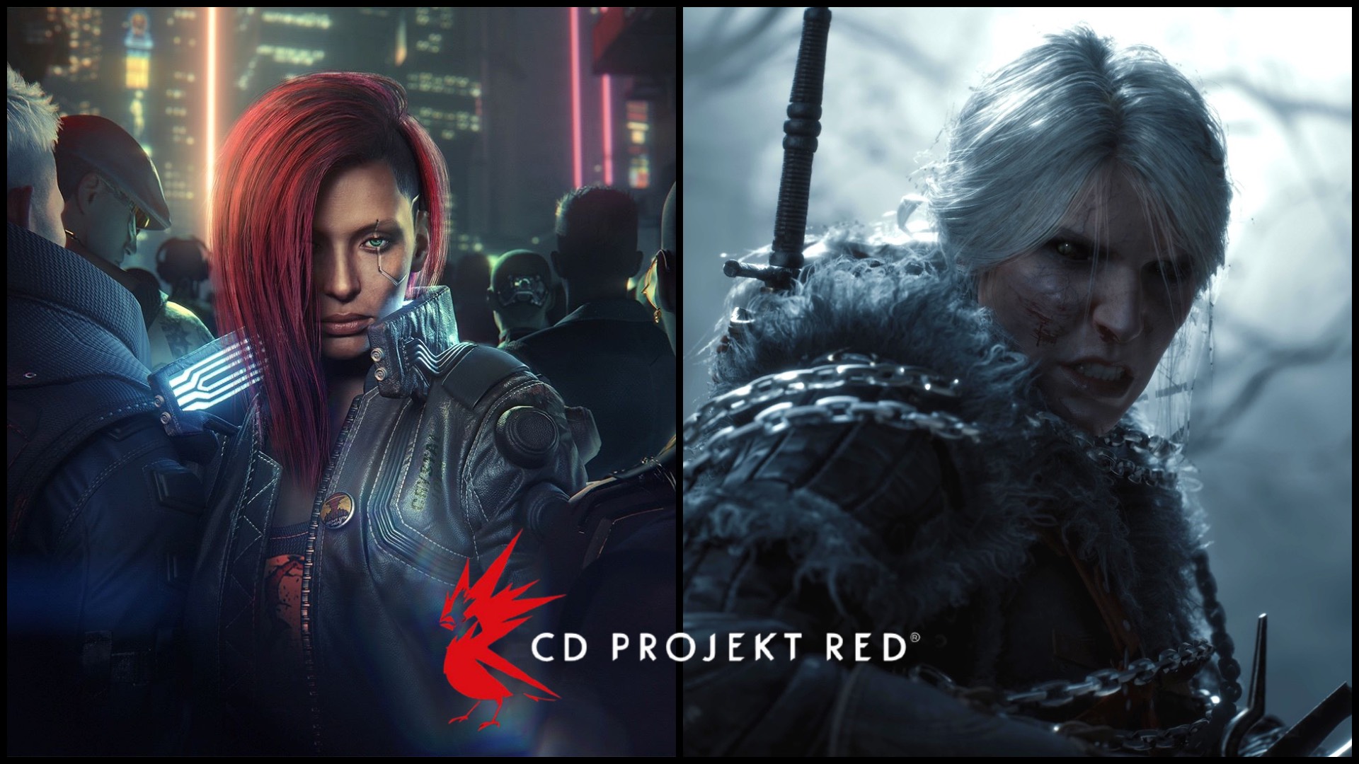 Ảnh ghép nhân vật Cyberpunk và The Witcher cùng logo CD Projekt Red