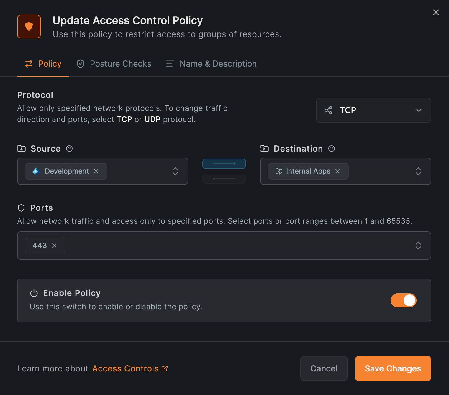 Giao diện access policy chọn nhóm nguồn, đích và cổng